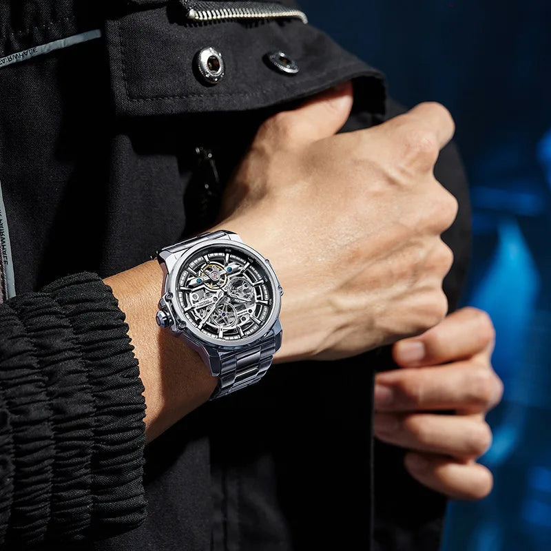 ABORNI 9039 Unique Design Skeleton Dial Tourbillon Men Watch Stainless Steel Waterproof Luxury Automatic Mechanical Men's Watch