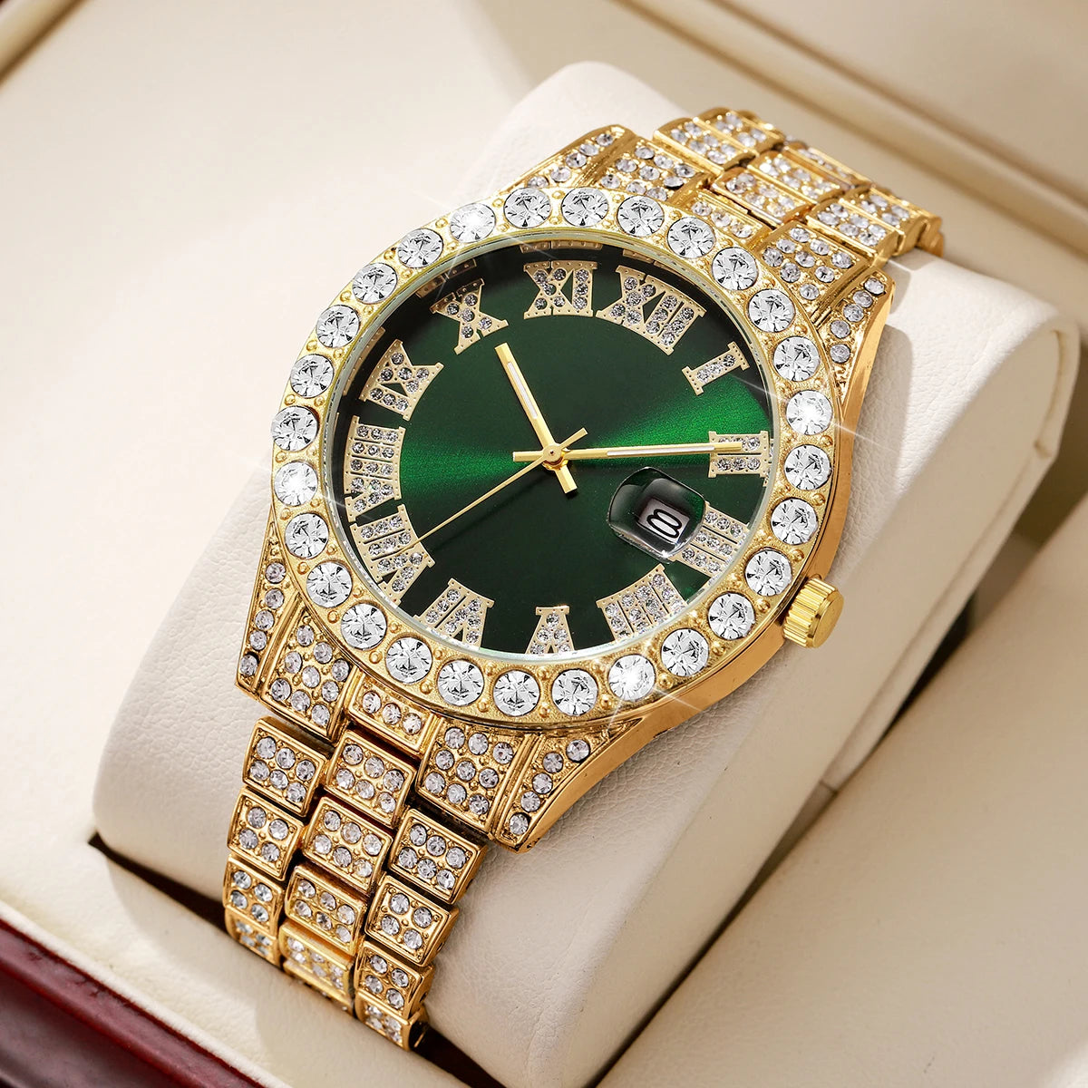 Montre Homme Plein Diamant Tendance, Bracelet Acier Inoxydable, Montres-Bracelets à Quartz pour Hommes, Montres à Calendrier de Date