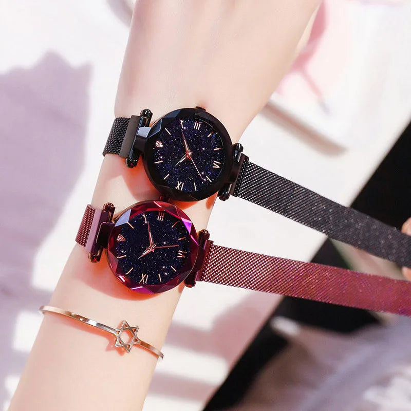 Montres Femme Ciel Étoilé Boucle Magnétique Ceinture en Maille Diamant Montre à Quartz Robe Horloge