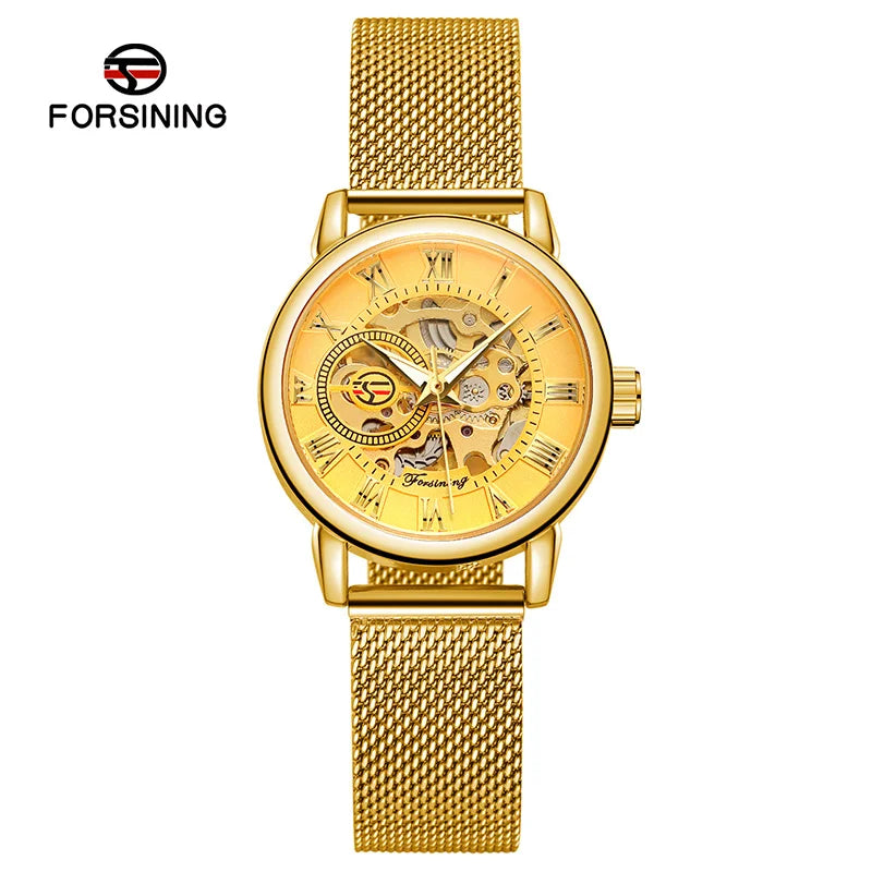 Forsining 099L Montre squelette élégante et tendance pour femmes, nouvelles montres-bracelets mécaniques de luxe en or rose pour dames