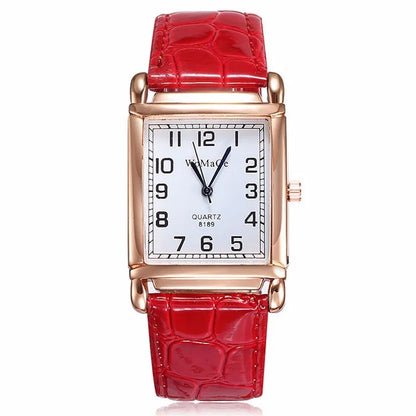 Montre-Bracelet Femme Luxe Métal Or Rose Carré Dames Quartz Rectangle Cuir Rouge Horloge Féminine