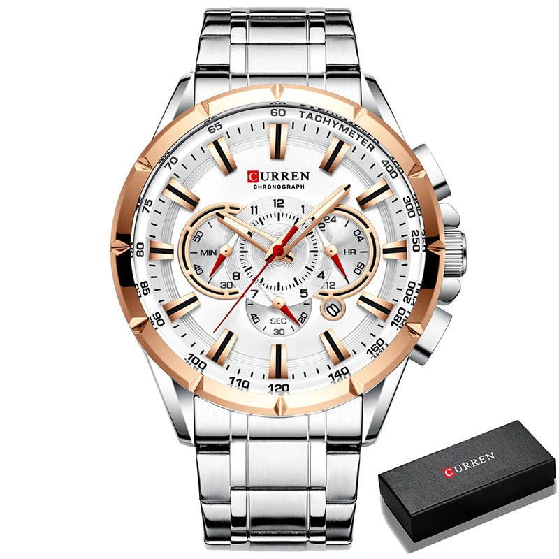 Montre Homme CURREN Business Montre de Luxe en Acier Inoxydable Chronographe Armée Militaire Montres à Quartz