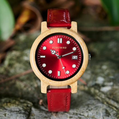 Montre-bracelet en bambou BOBO BIRD pour femme avec bracelet en cuir véritable, naturelle, légère, élégante, cadeau mode pour elle