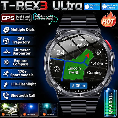 Montre connectée 2026 New T-Rex3 Pro 1100mAh Batterie GPS 5ATM Étanche Sport Course Extérieur Boussole Militaire