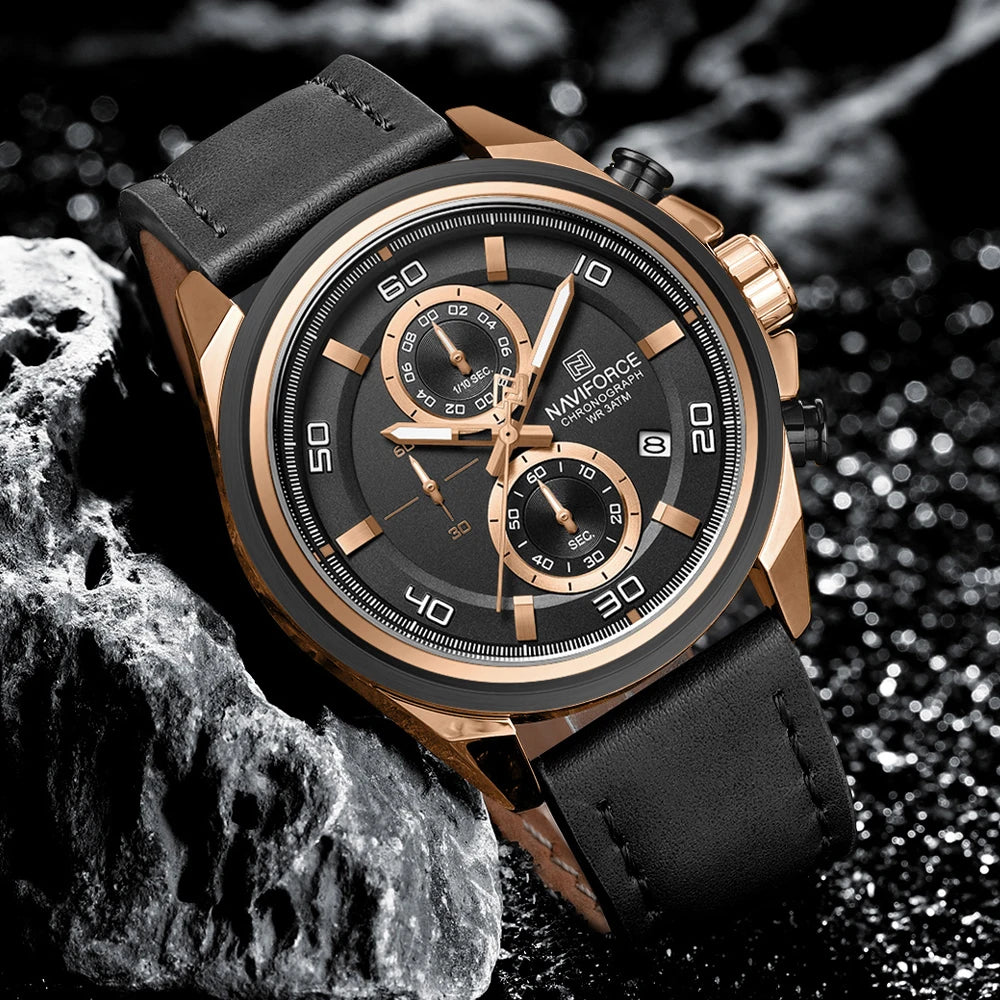 Montres étanches NAVIFORCE pour hommes Montre-bracelet à quartz de luxe en cuir véritable pour hommes Chronographe militaire tendance