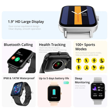 Montre intelligente COLMI P81 avec appels vocaux, écran Ultra de 1,9 pouces, moniteur de santé 24H, plus de 100 modes sportifs, montre connectée Bluetooth pour hommes et femmes