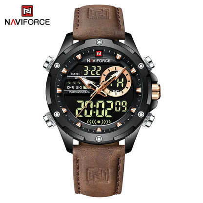 NAVIFORCE Montre tendance homme, charmante et accrocheuse, affichage du jour, de la date et de l'heure, bracelet en cuir souple, aiguille lumineuse, affichage LED, cadeau homme