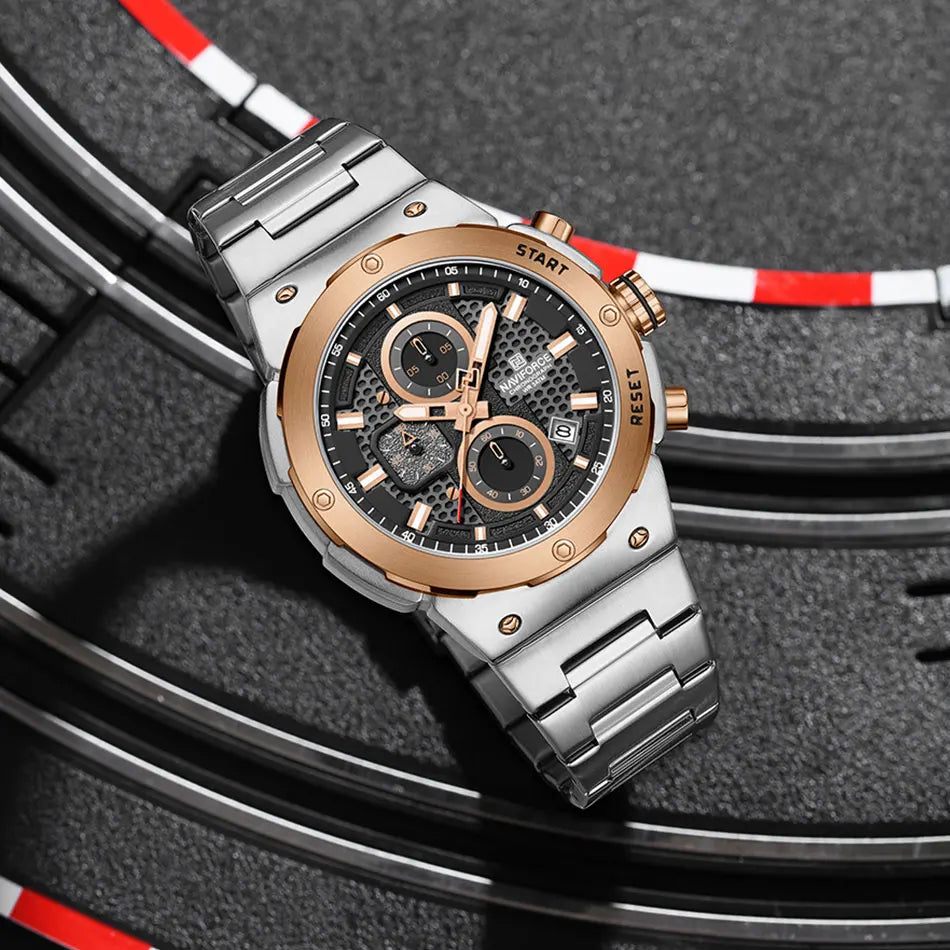 NAVIFORCE Montre Homme Quartz Top Marque Luxe Lumineux Chronographe Montre-Bracelet Acier Inoxydable Étanche Hommes Date Calendrier Horloge