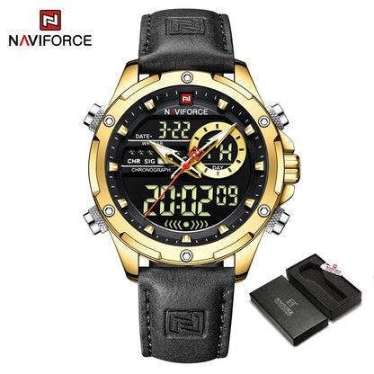 NAVIFORCE Montre tendance homme, charmante et accrocheuse, affichage du jour, de la date et de l'heure, bracelet en cuir souple, aiguille lumineuse, affichage LED, cadeau homme