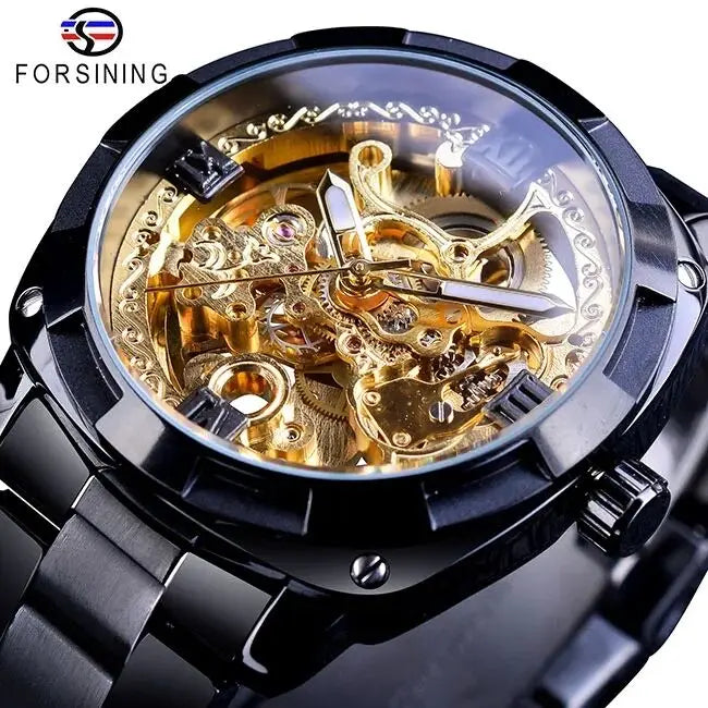 Forsining Montre Mécanique Automatique Transparente Rétro pour Hommes Marque de Luxe Aiguilles Lumineuses Dorées Squelette
