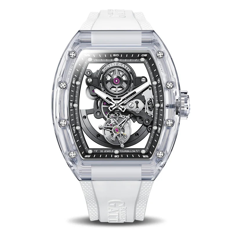 ChronoState BONEST GATTI Tourbillon – Montre Squelette Automatique en Cristal | Bracelet en Caoutchouc Lumineux Saphir