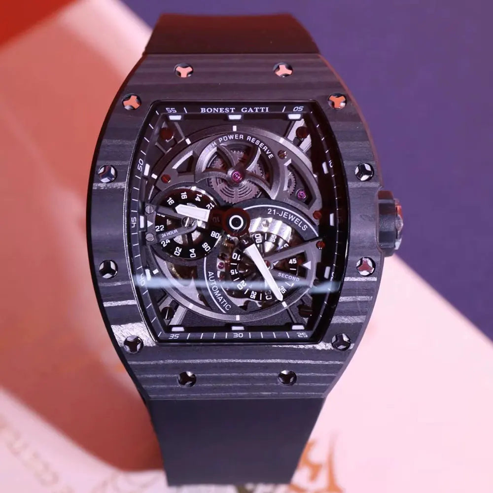 BONEST GATTI Men Mechanical Watch Carbon Fiber Bezel Tonneau Luminou Case Fluororubber Strap Small Second Dial Watches For Men