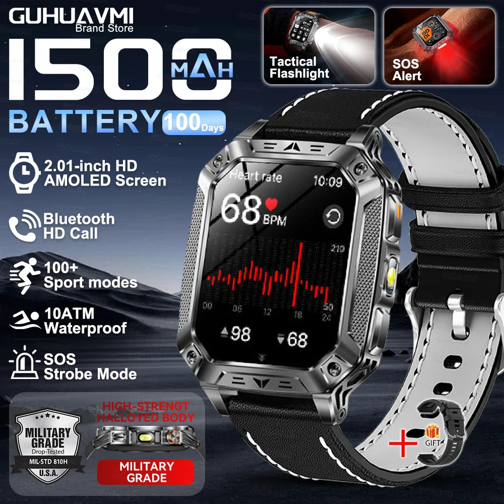 Montre Intelligente Militaire Homme 1500mAh Longue Autonomie Sport Extérieur Montre Connectée Homme Étanche 10ATM Fréquence Cardiaque Appel BT Grande Batterie