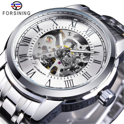 Forsining 349 Montre mécanique pour homme, boîtier rond, squelette, acier inoxydable, argenté et noir, montres-bracelets manuelles pour homme