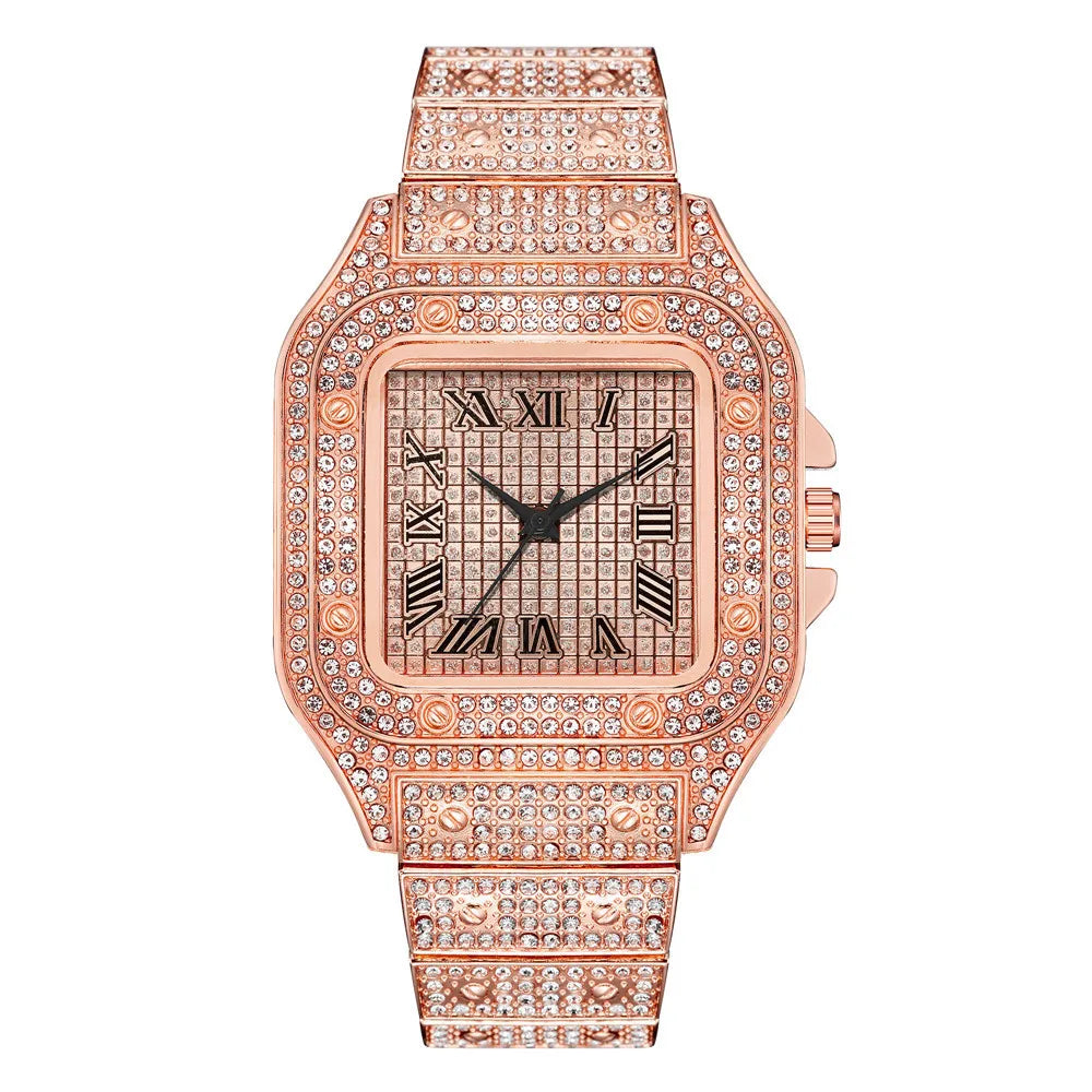 Montre-bracelet à quartz classique de luxe pour hommes avec bracelet en acier, cadran carré à chiffres romains et strass, pour hommes, Relogio Masculino