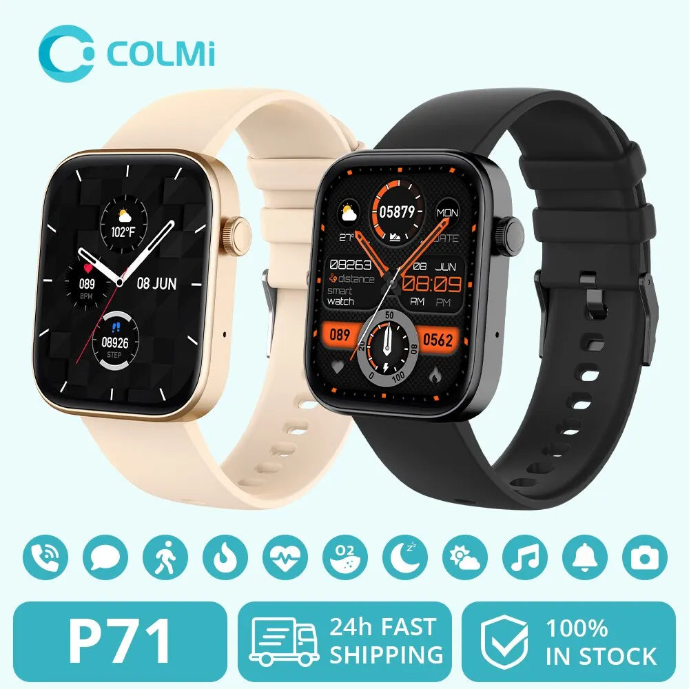 COLMI P71 Montre connectée avec appels vocaux, surveillance de la santé, étanchéité IP68, notifications intelligentes, assistant vocal pour hommes et femmes