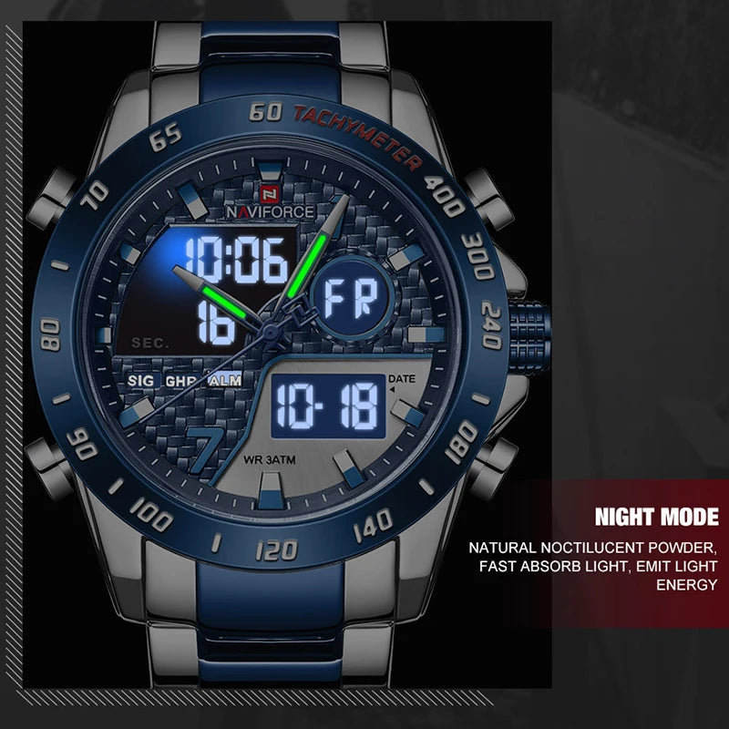 NAVIFORCE Montre-bracelet de luxe pour homme, montres de sport militaires numériques pour homme, bracelet en acier, horloge à quartz, Relogio Masculino