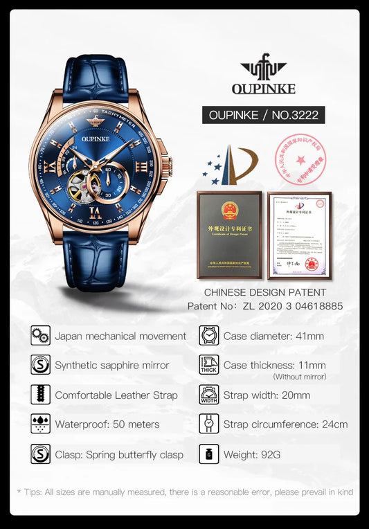 OUPINKE 3222  Original Automatic Men's Watch Genuine Leather Strap 5Bar Waterproof Japan Movement Gentleman Business Wristwatch