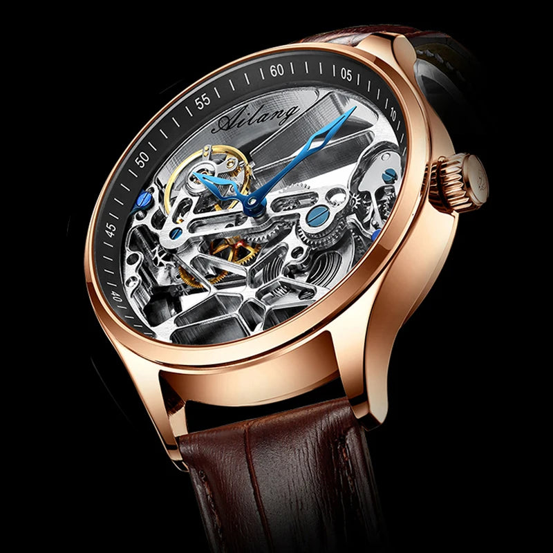 AILANG NEW Skeleton Automatic Movement Watch For Men Mechanical Luxury Black Steel Watches Mens Horloge Tourbillon 2023