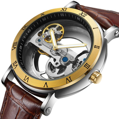 Skeleton automatic watch with leather strap and open-work dial