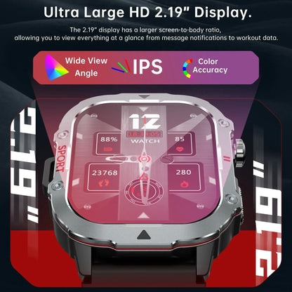 Montre connectée militaire 2026 Hommes Étanche Sports de plein air Suivi d'activité Moniteur de santé 2,19" Appel BT Smartwatch