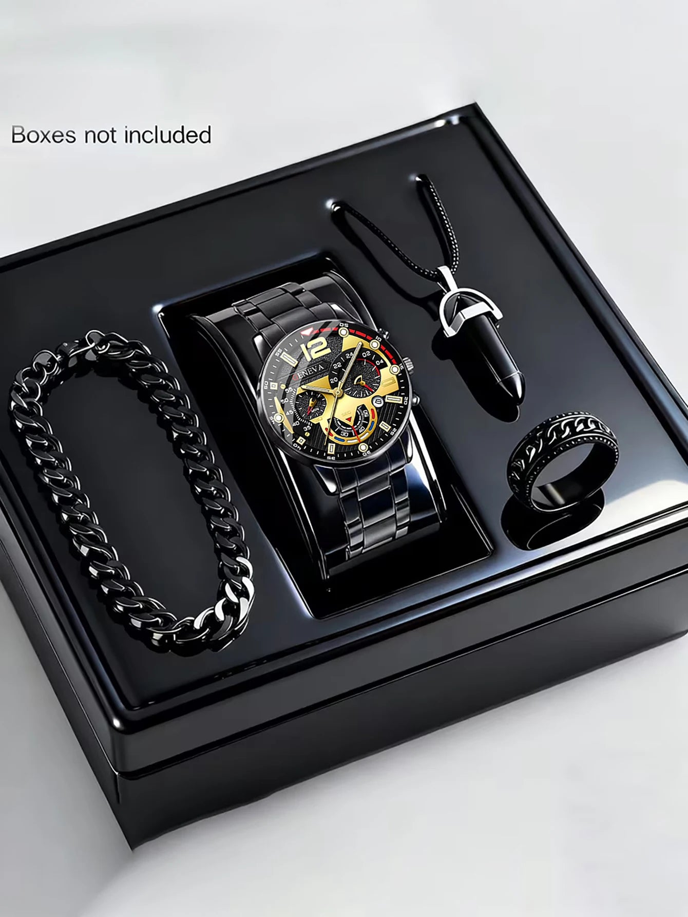 Ensemble Montre Tendance Quartz Homme avec Bracelet Collier Bague Fonction Calendrier Cadeau d'Anniversaire Sans Boîte