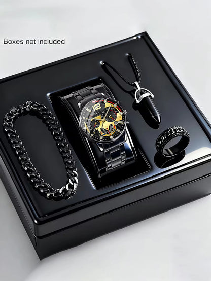 Ensemble Montre Tendance Quartz Homme avec Bracelet Collier Bague Fonction Calendrier Cadeau d'Anniversaire Sans Boîte