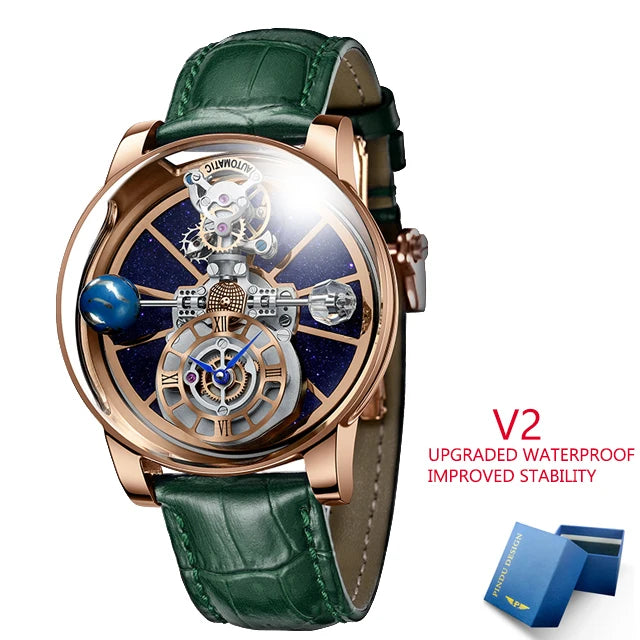 PINDU Design Montre à quartz pour homme collection Celestial, miroir incurvé, cadran ciel étoilé, surface cristalline, thème Terre, montre-bracelet