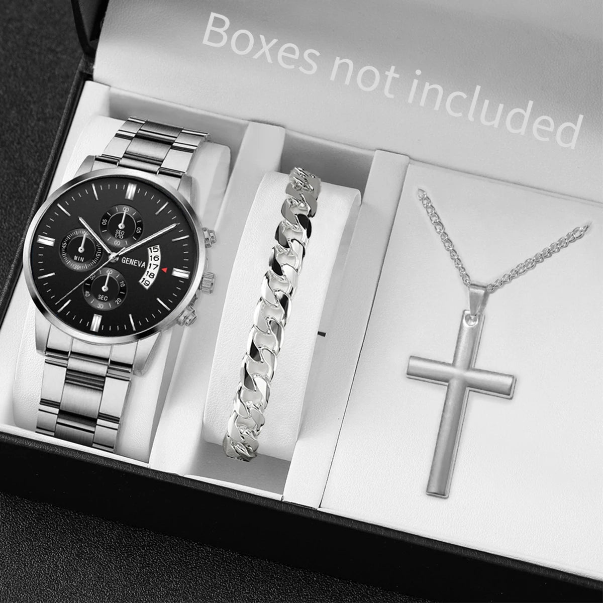 3 pièces/ensemble Montre à bracelet en acier inoxydable pour hommes, mode, montre-bracelet décontractée à quartz avec calendrier, ensemble de bijoux (sans boîte)