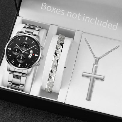 3 pièces/ensemble Montre à bracelet en acier inoxydable pour hommes, mode, montre-bracelet décontractée à quartz avec calendrier, ensemble de bijoux (sans boîte)