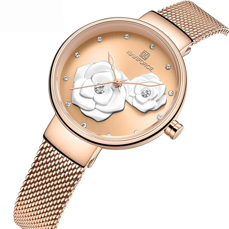 Women Watch NAVIFORCE Top Luxury Brand Steel Mesh Waterproof Ladies Watches Flower Quartz Female Wristwatch Charming Girl Clock