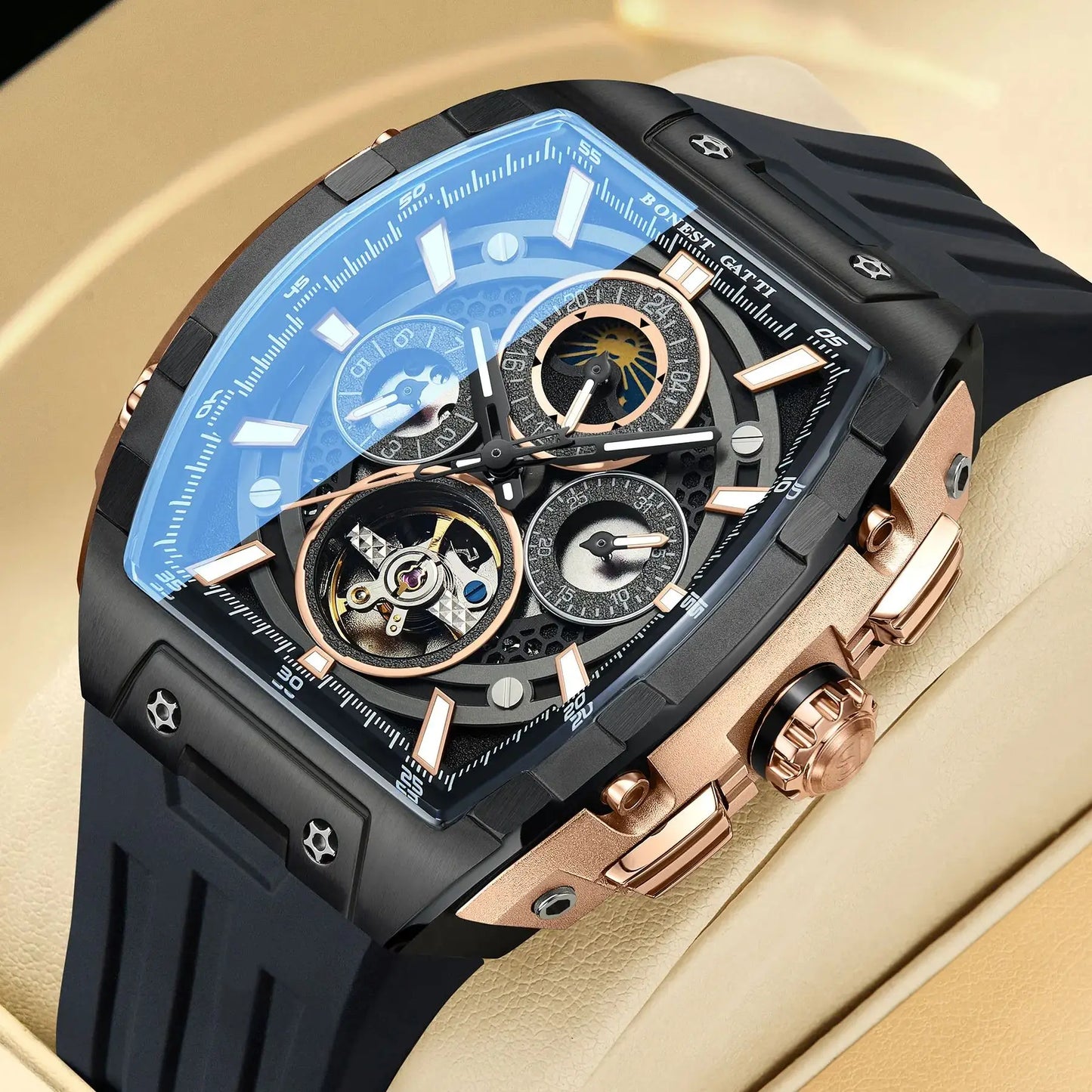 BONEST GATTI Montre Automatique Homme 47 mm Tonneau Mécanique Étanche Saphir Lumineux Multi-Cadrans Jour Date 24 Heures