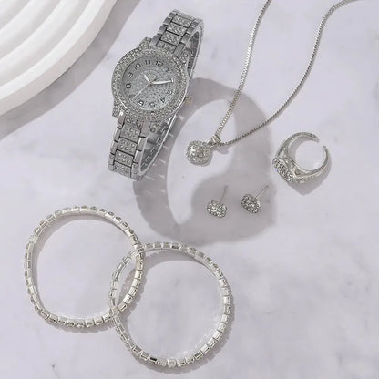 6 montres pour femme de luxe élégantes en alliage avec cristaux, bracelet en strass, montre à quartz, cadeau pour femme