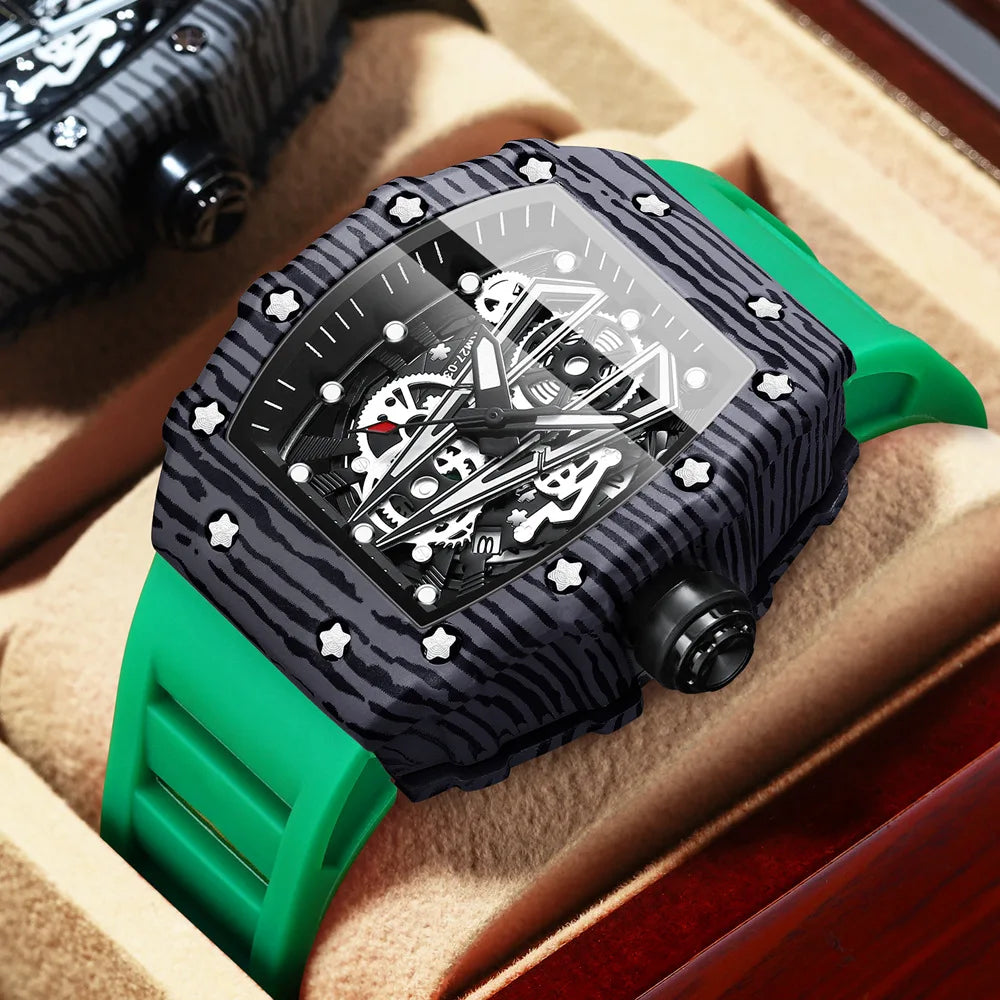 BINBOND Marque Homme Montre Tonneau Dominant Miroir Courbe Surface Creuse Sports Homme Montre-Bracelet Quartz en Silicone B8577