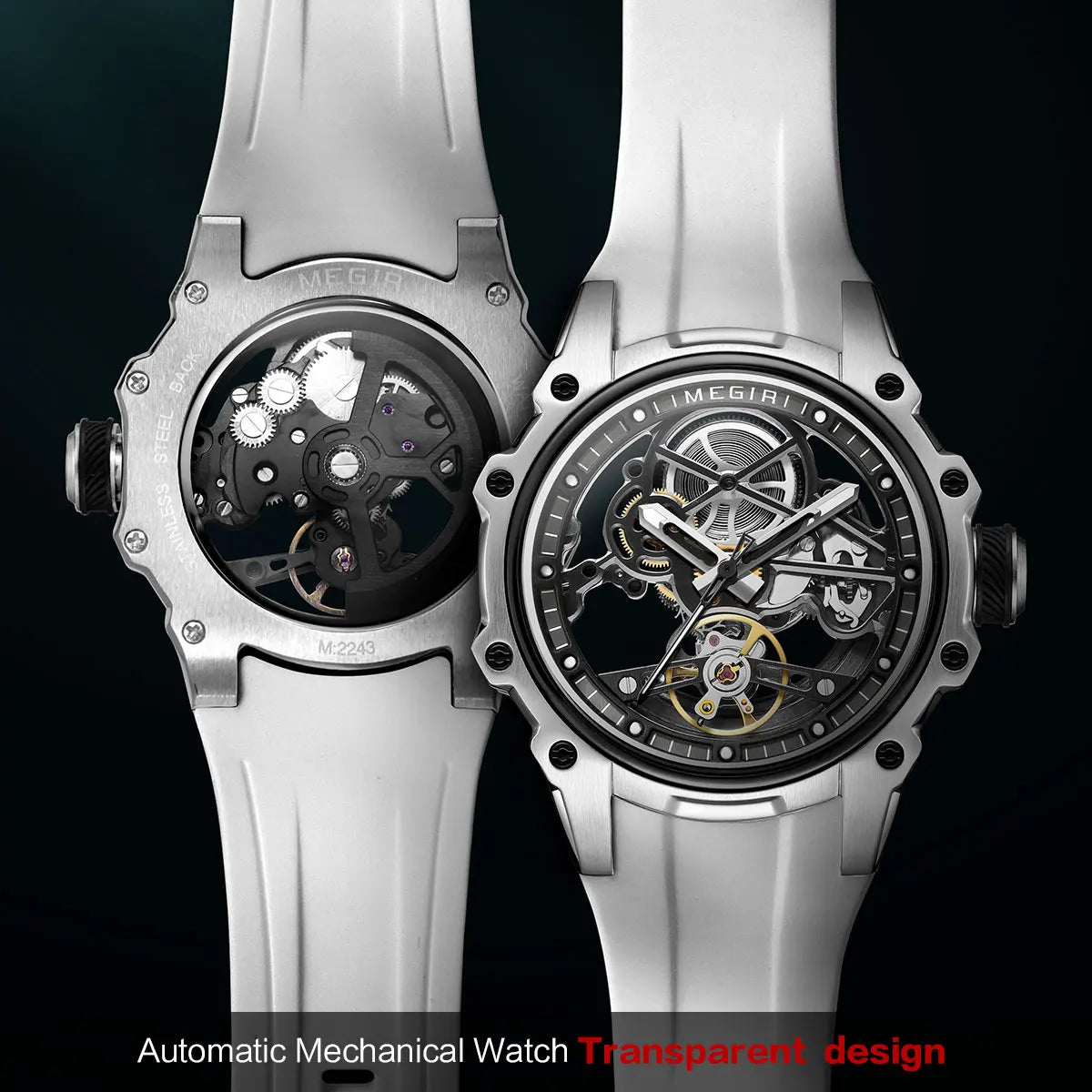 MEGIR Sports Automatic Mechanical Watch for Men Fashion Stainless Steel Cased Wristwatch with White Silicone Strap Skeleton Dial