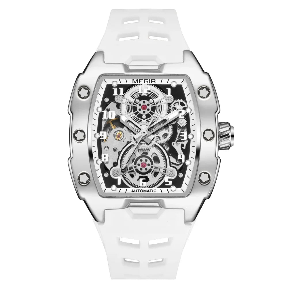 MEGIR Montre Homme Sport Tendance Boîtier Alliage Mécanique Étanche Bracelet Silicone Cadran Tonneau Aiguilles Lumineuses Montres-bracelets Homme