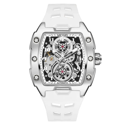 MEGIR Montre Homme Sport Tendance Boîtier Alliage Mécanique Étanche Bracelet Silicone Cadran Tonneau Aiguilles Lumineuses Montres-bracelets Homme