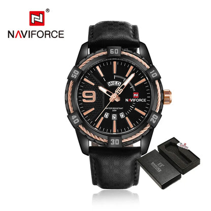 NAVIFORCE Montre Homme Tendance Or Luxe Sport Étanche Militaire Montre-bracelet Affaires Décontracté Bracelet en Cuir Date Horloge 9117