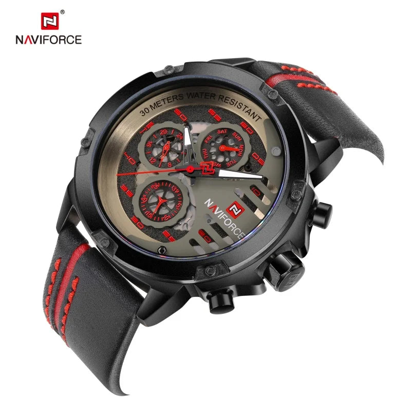 Montre Homme NAVIFORCE, Marque de Luxe, Étanche, Affichage 24 Heures, Date, Mouvement à Quartz, Bracelet en Cuir, Montre-Bracelet Sport pour Homme, Étanche