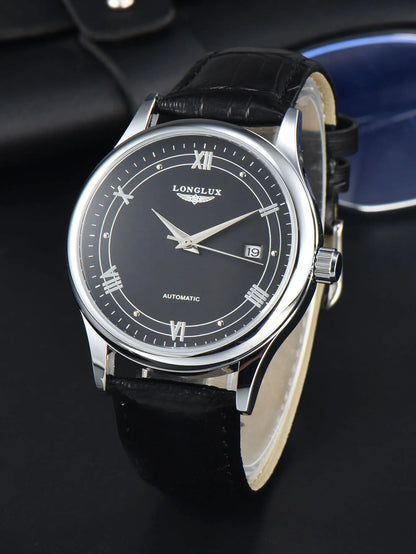 Automatic mechanical watch with date display and leather strap