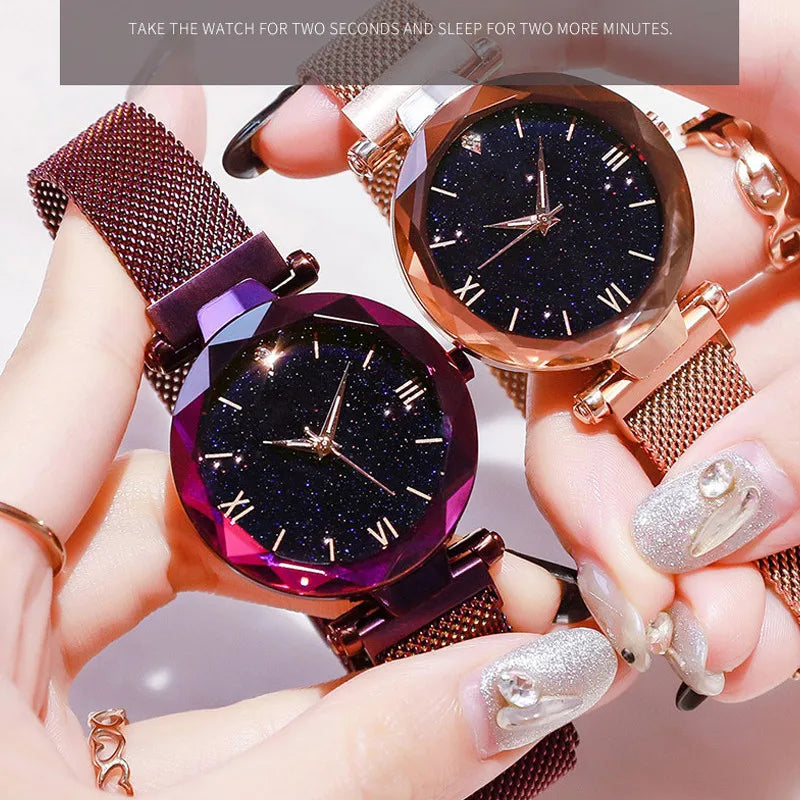Montres Femme Ciel Étoilé Boucle Magnétique Ceinture en Maille Diamant Montre à Quartz Robe Horloge