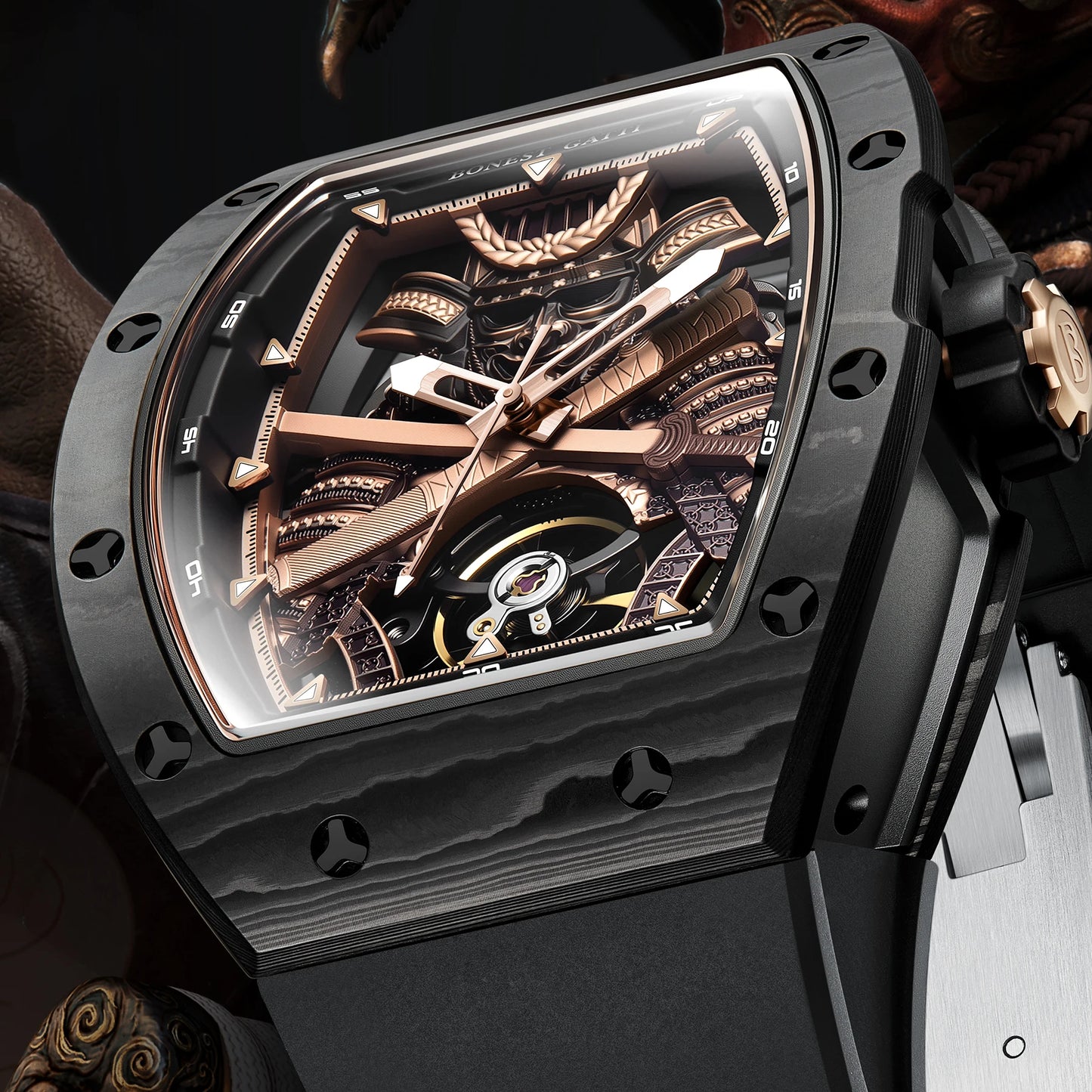 Montre automatique BONEST GATTI homme 42*54mm Tonneau Fibre de Carbone Montre mécanique Cadran Ninja Lumineux Verre Saphir