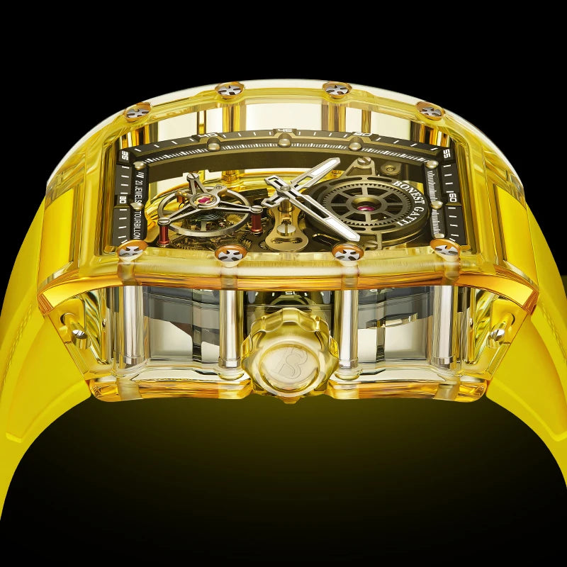 ChronoState BONEST GATTI Tourbillon – Montre Squelette Automatique en Cristal | Bracelet en Caoutchouc Lumineux Saphir