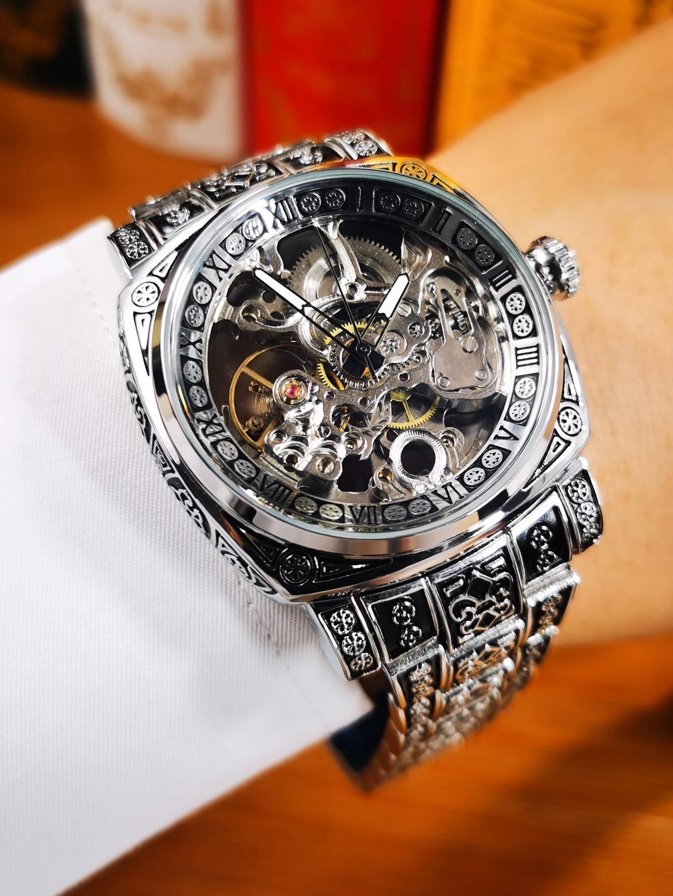 Forsining Gold Square Skeleton Automatic Mechanical Watches Engraved Design Luminous Hands Stainless Steel Strap Retro Men Watch