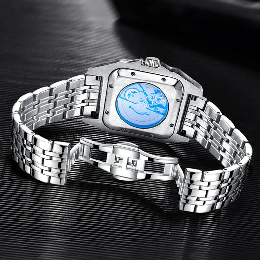 High-End Luxury Square Automatic Mechanical Watch for Men, with Hollow Butterfly Clasp, Fashionable Business Casual Versatile Stylish Men's Wristwatch, Suitable for Wearing in Various Occasions, the First Choice Gift for Your Boyfriend on Valentine's Day