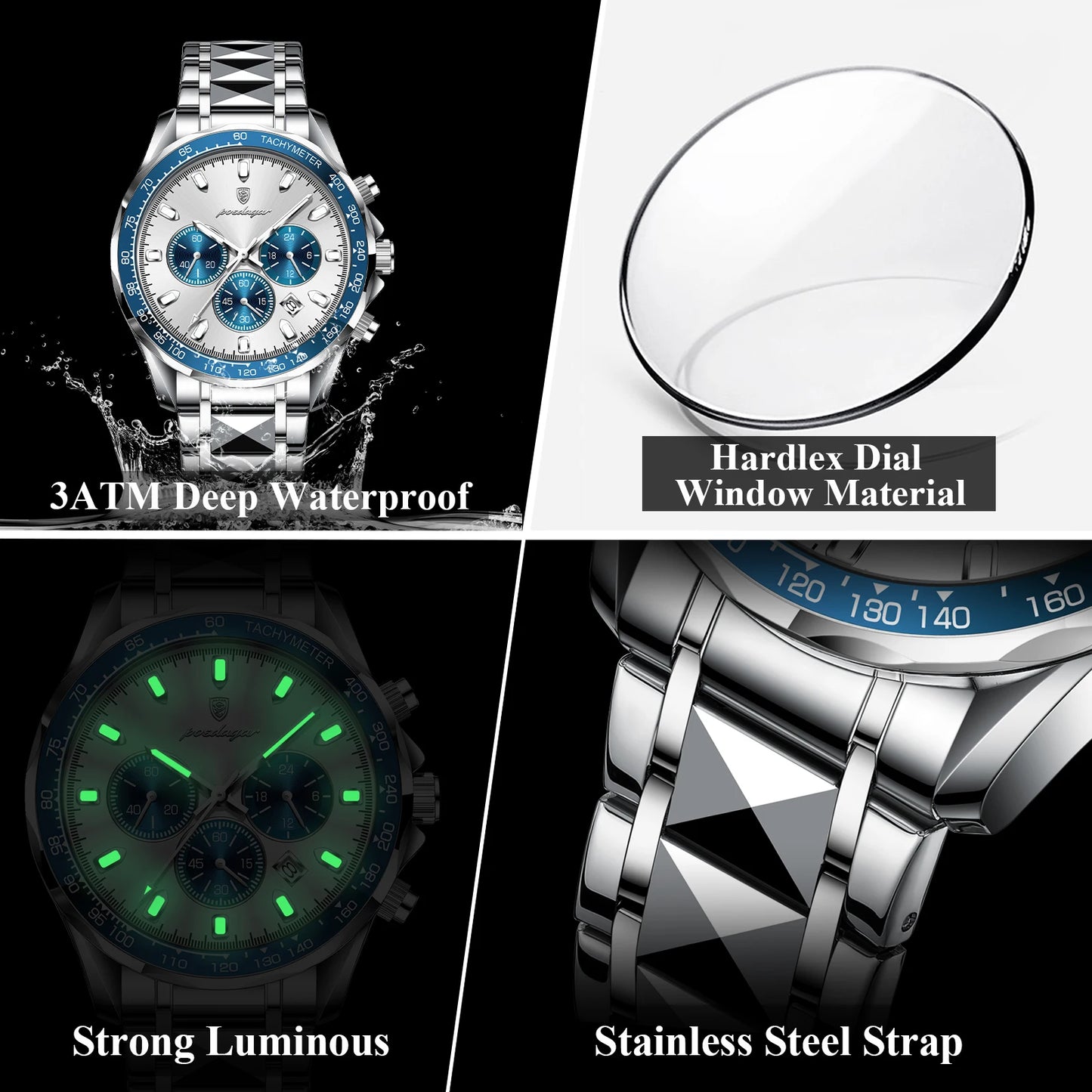 POEDAGAR Montre Homme Luxe Étanche Lumineuse en Acier Inoxydable Montre Chronographe à Quartz avec Date pour Homme d'Affaires