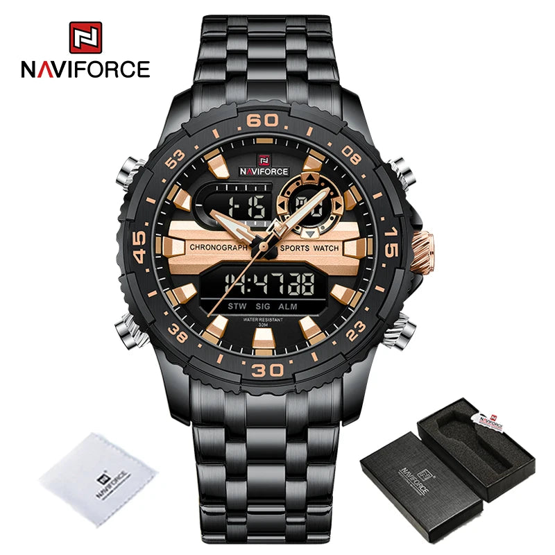 Montres Homme NAVIFORCE Original Tendance Marque LCD Affichage Analogique Numérique Quartz Homme Horloge 30m Étanche Lumineuse Montre-Bracelet Homme