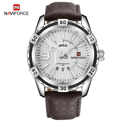 NAVIFORCE Montre Homme Tendance Or Luxe Sport Étanche Militaire Montre-bracelet Affaires Décontracté Bracelet en Cuir Date Horloge 9117