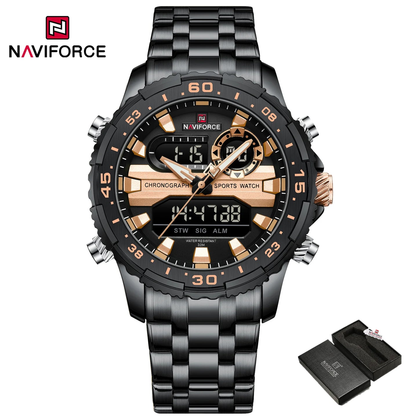 Montres Originales NAVIFORCE pour Hommes Montre-Bracelet Sport Analogique Numérique à Quartz Homme Militaire Lumineuse Étanche en Acier avec Réveil