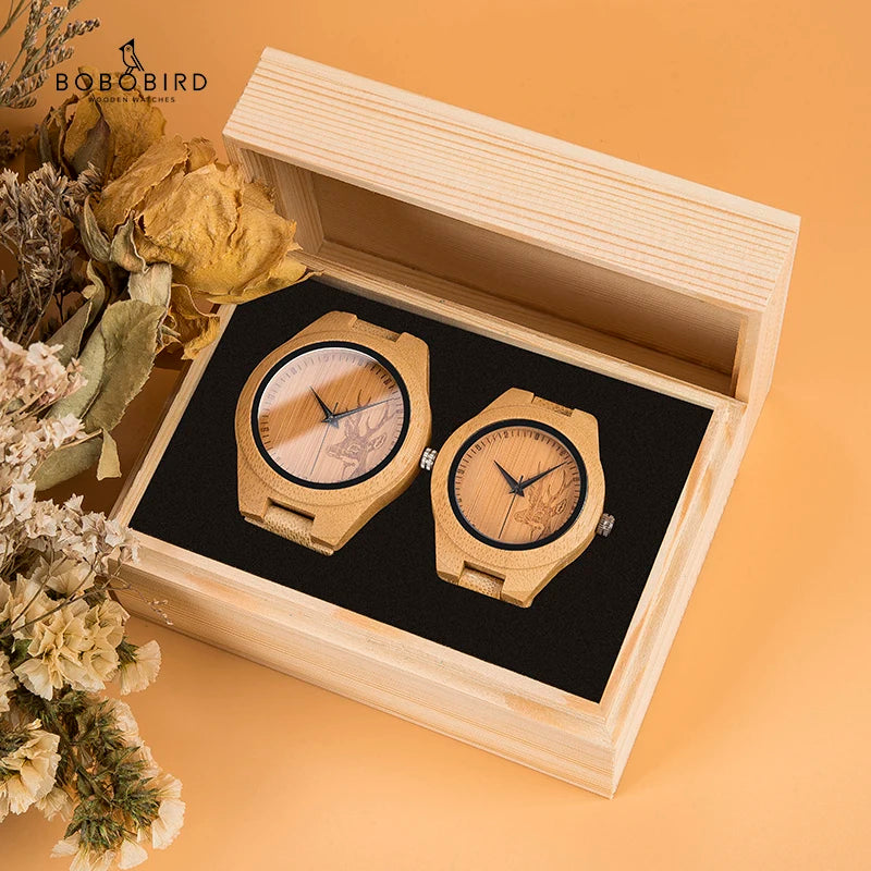 Montre en bois pour couple BOBOB BIRD pour homme et femme, montres personnalisées pour amoureux, cadeaux d'anniversaire dans un coffret cadeau en bois